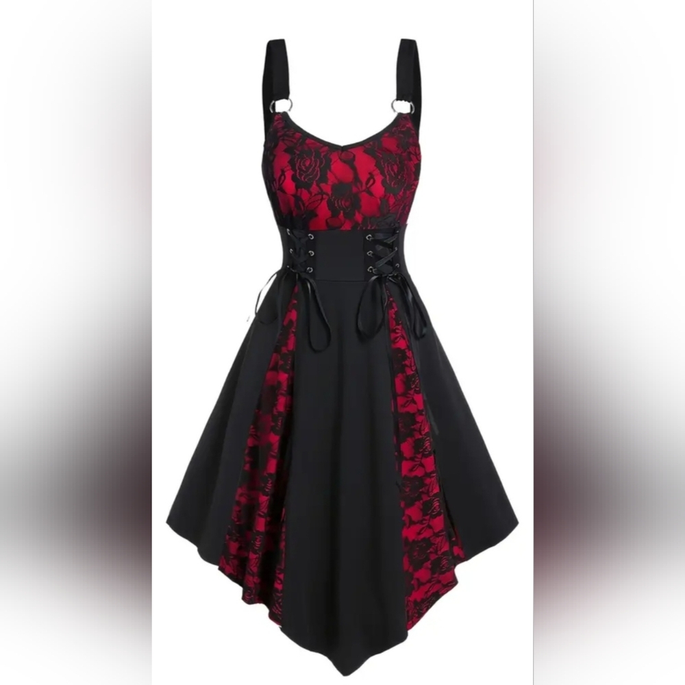*Witchy* Goth* Sexy Corset Style Black and Red Lace Dress!!! 🖤✨